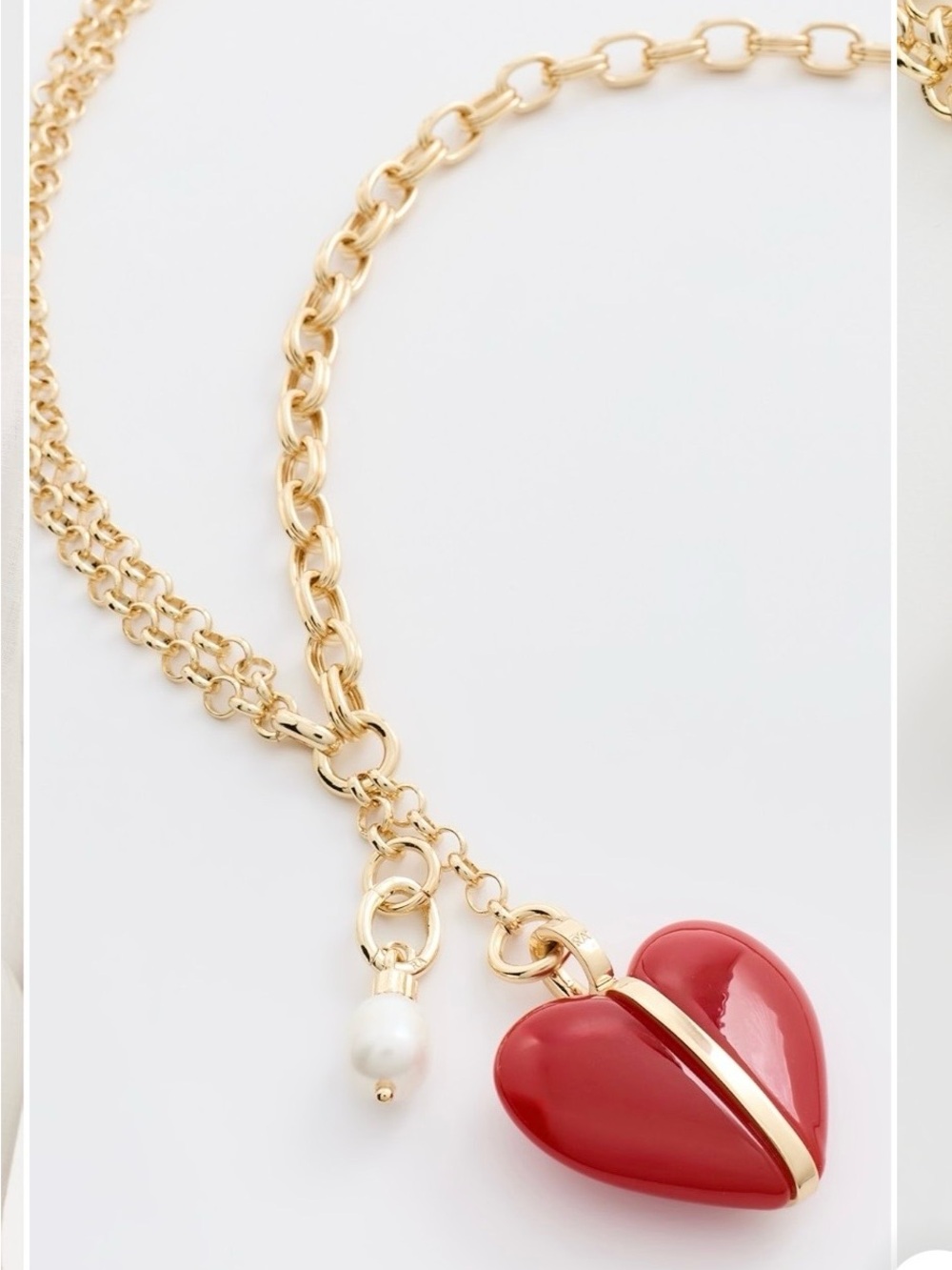 Roxanne Assoulin Gold Chain Necklace with Red Heart and Pearl Charm